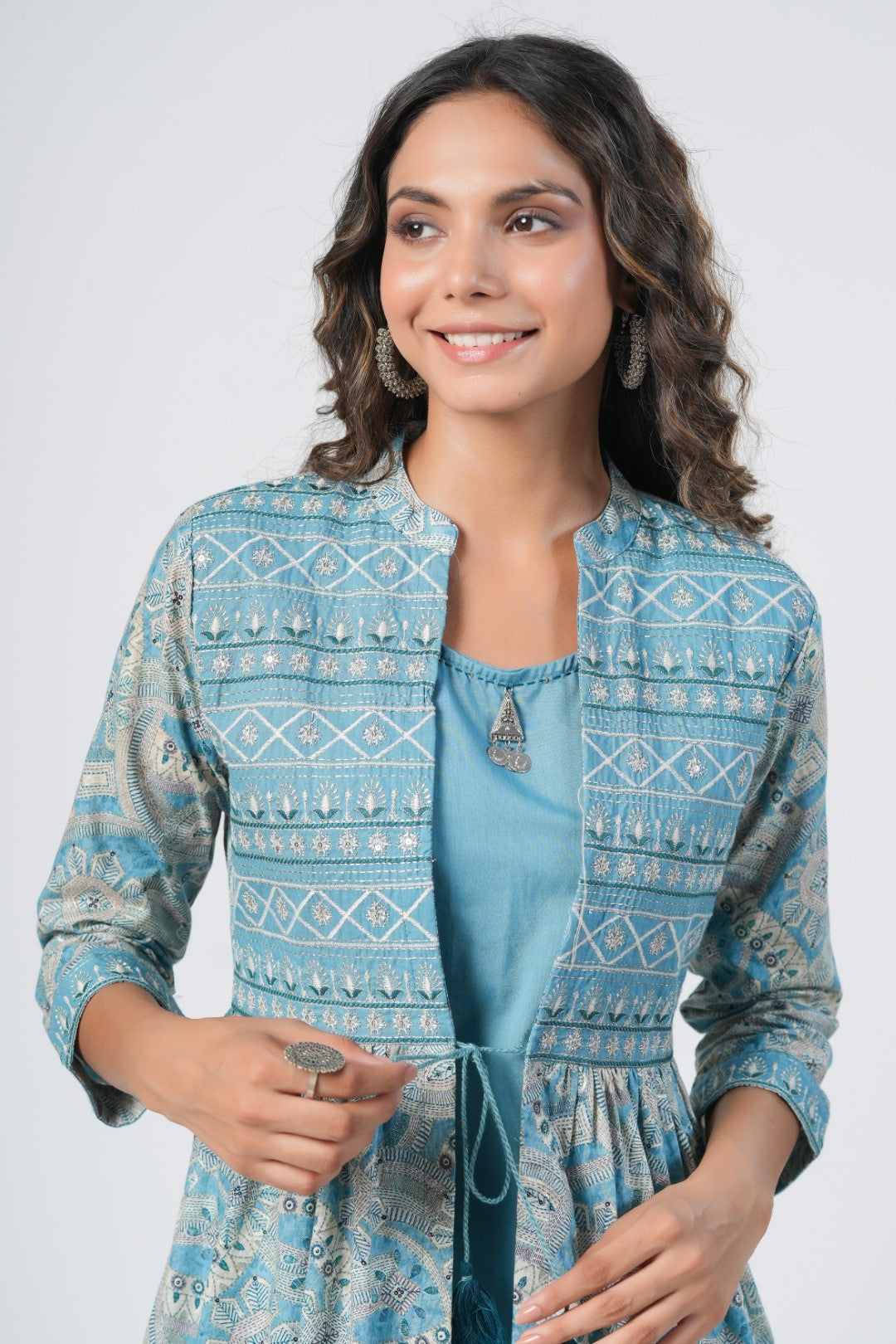 Blue Handwork Cotton Shrug Inner Set