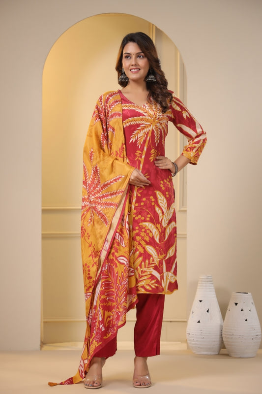 Floral Crape Pant Dupatta Set