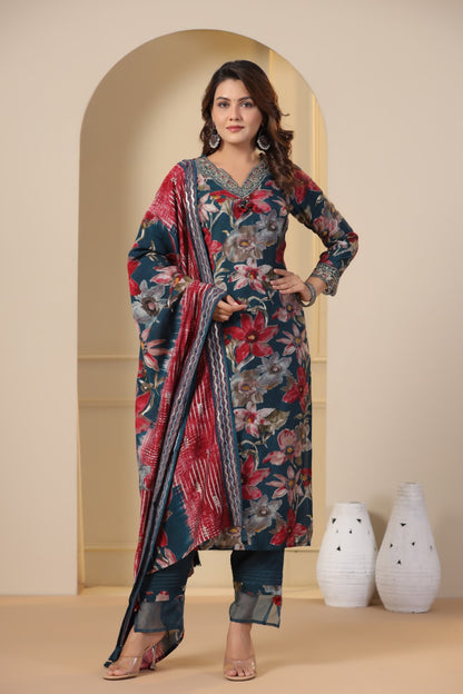 Modal Embroided Kurta Pant Dupatta Set