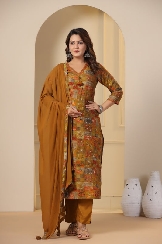 Modal-Chanderi Kurta Pant Dupatta Set