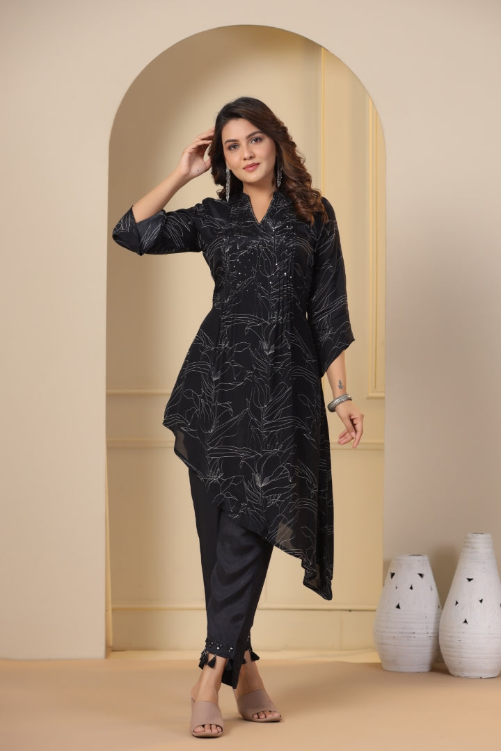 Abstract Printed & Embroidered A-Line High-Low Kurta With Pant