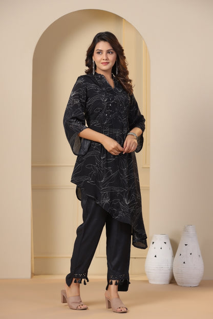 Abstract Printed & Embroidered A-Line High-Low Kurta With Pant