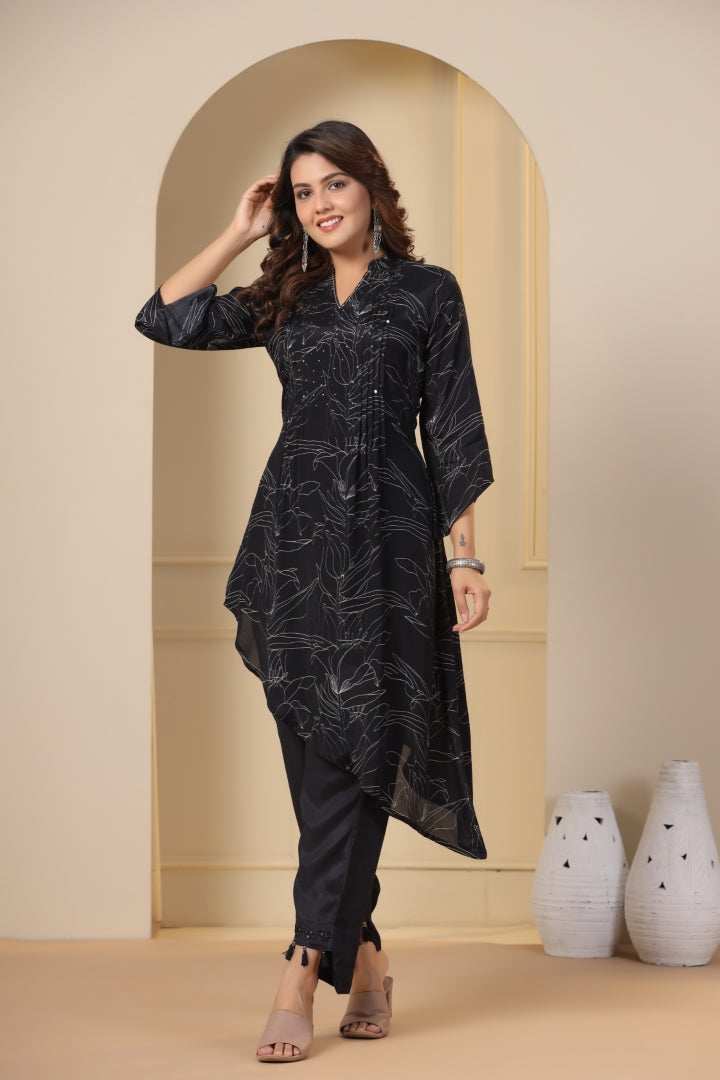 Abstract Printed & Embroidered A-Line High-Low Kurta With Pant