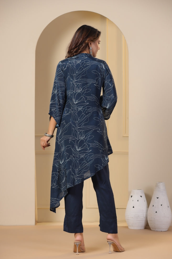 Abstract Printed & Embroidered A-Line High-Low Kurta With Pant