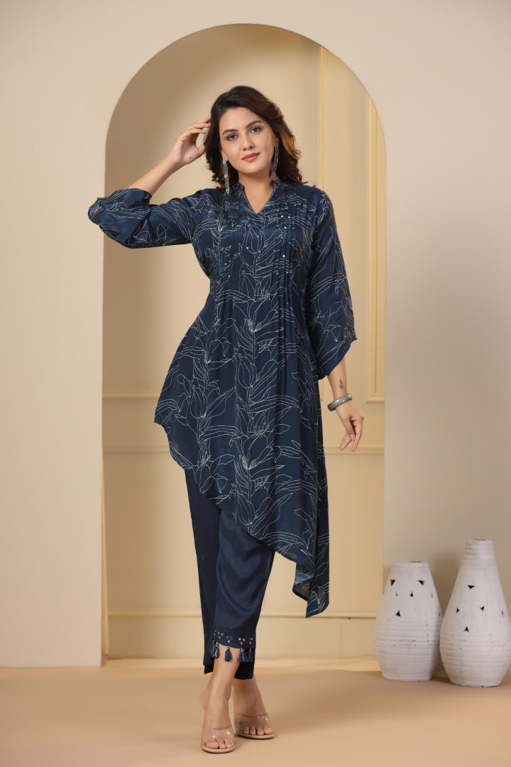 Abstract Printed & Embroidered A-Line High-Low Kurta With Pant