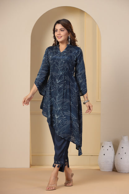 Abstract Printed & Embroidered A-Line High-Low Kurta With Pant