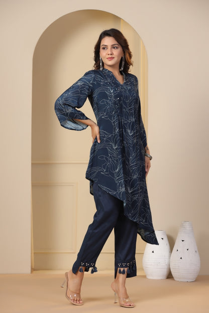 Abstract Printed & Embroidered A-Line High-Low Kurta With Pant