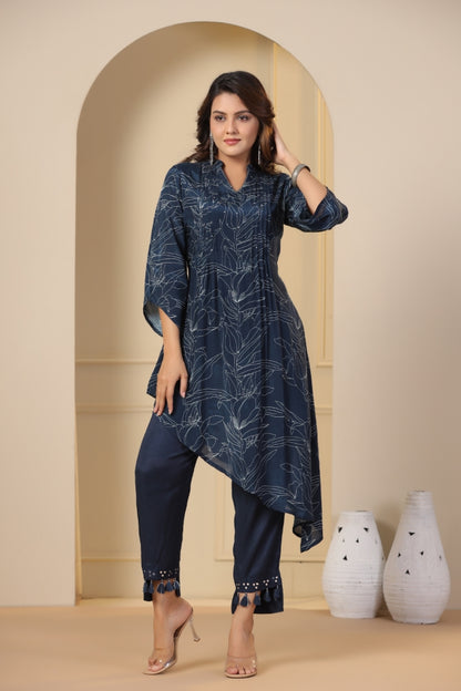 Abstract Printed & Embroidered A-Line High-Low Kurta With Pant