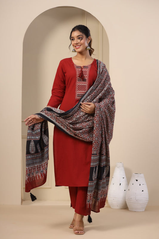 Cotton Ajrakh Kurta Pant Dupatta Set